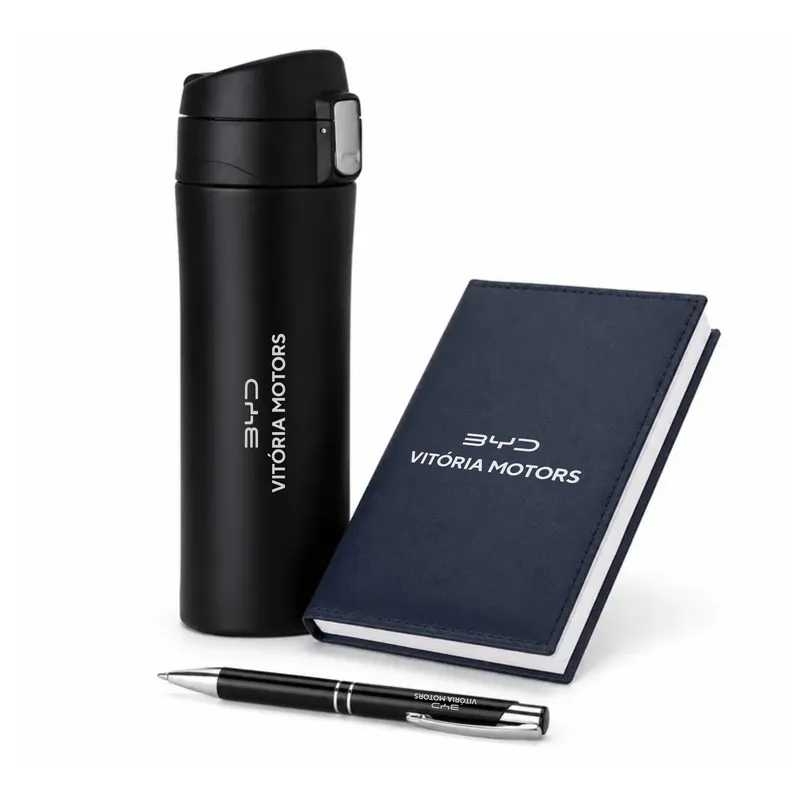 Kit Executivo Premium — personalização em Silk Screen e gravação com Fiber Laser